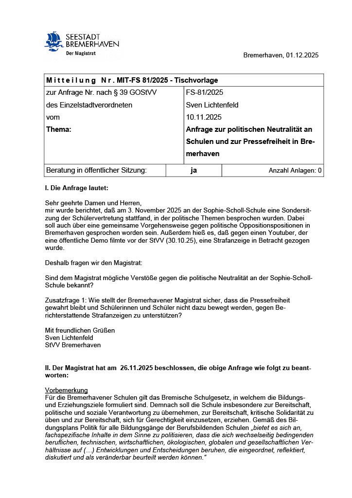 Anfrage zur politischen Neutralität an Schulen und zur Pressefreiheit in Bremerhaven